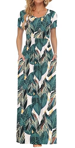 AUSELILY Damen Kurzarm Sommer Casual Long Maxi Kleider mit Taschen Bananenblatt XXL von AUSELILY