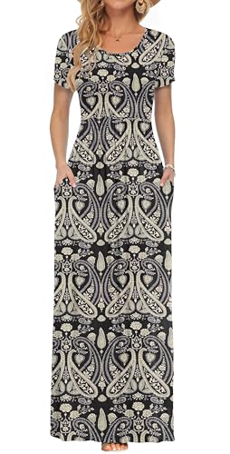 AUSELILY Damen Kurzarm Sommer Casual Long Maxi Kleider mit Taschen Boho Floral Black XL von AUSELILY
