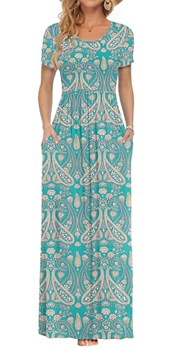 AUSELILY Damen Kurzarm Sommer Casual Long Maxi Kleider mit Taschen Boho Floral Green L von AUSELILY