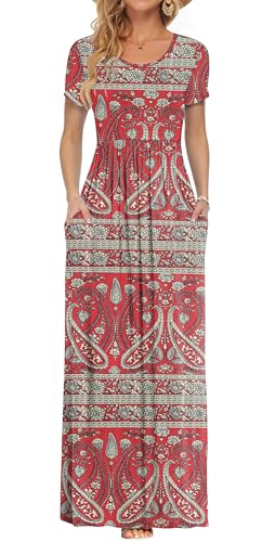 AUSELILY Damen Kurzarm Sommer Casual Long Maxi Kleider mit Taschen Boho Floral Red XXL von AUSELILY