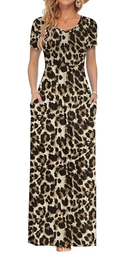 AUSELILY Damen Kurzarm Sommer Casual Long Maxi Kleider mit Taschen Braun Leopard All S von AUSELILY