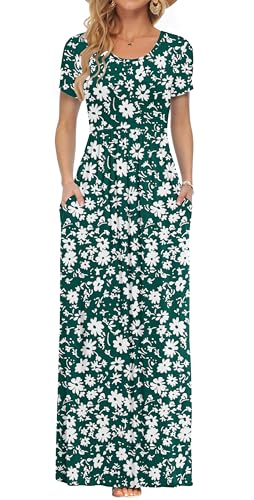 AUSELILY Damen Kurzarm Sommer Casual Long Maxi Kleider mit Taschen Grüne Gänseblü XXL von AUSELILY