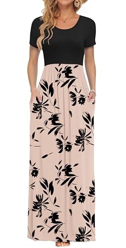 AUSELILY Damen Kurzarm Sommer Casual Long Maxi Kleider mit Taschen Hellbraune Blume Schwarz M von AUSELILY