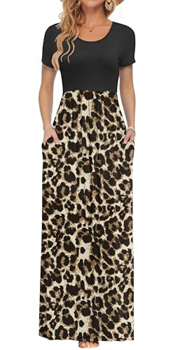 AUSELILY Damen Kurzarm Sommer Casual Long Maxi Kleider mit Taschen Schwarzer Leopard S von AUSELILY