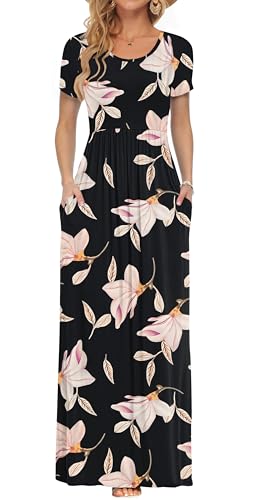 AUSELILY Damen Kurzarm Sommer Casual Long Maxi Kleider mit Taschen Trichterwinde S von AUSELILY