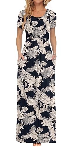 AUSELILY Damen Kurzarm Sommer Casual Long Maxi Kleider mit Taschen Waldblatt M von AUSELILY