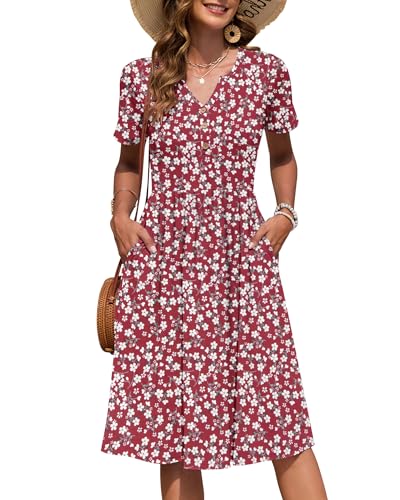 AUSELILY Damen Kurzarm Sommerkeider Knielange Sommer Kleider V-Ausschnitt mit Knöpfen Empire Midikleid mit Taschen Kleine Rote Blumen XXL von AUSELILY