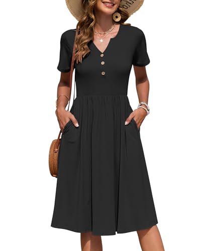 AUSELILY Damen Kurzarm Sommerkeider Knielange Sommer Kleider V-Ausschnitt mit Knöpfen Empire Midikleid mit Taschen Schwarz M von AUSELILY