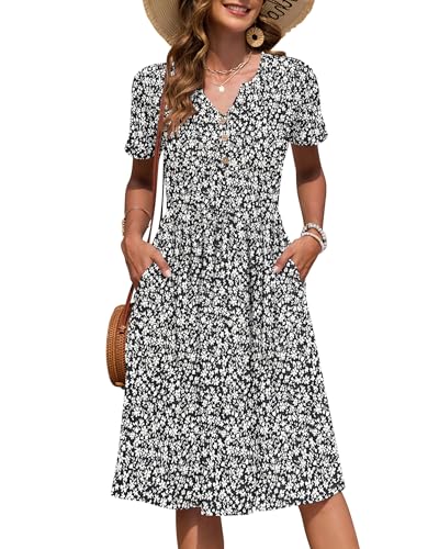 AUSELILY Damen Kurzarm Sommerkeider Knielange Sommer Kleider V-Ausschnitt mit Knöpfen Empire Midikleid mit Taschen Schwarz-Weißes Kleines Blumen M von AUSELILY