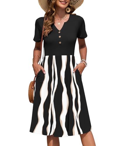 AUSELILY Damen Kurzarm Sommerkeider Knielange Sommer Kleider V-Ausschnitt mit Knöpfen Empire Midikleid mit Taschen Schwarze Unregelmäßiger Streifen S von AUSELILY