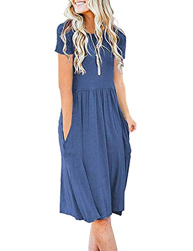 AUSELILY Damen Kleider Sommer Sommerkleider Knielang Kurzarm Freizeitkleid Schicke Shirtkleider mit Taschen (Beja Blau, M) von AUSELILY