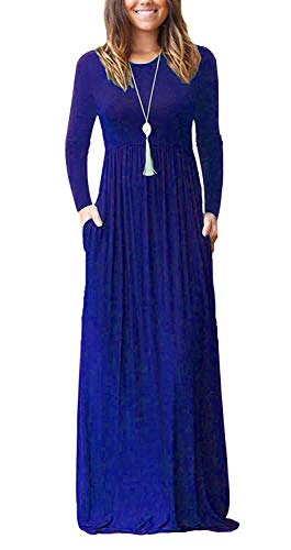 AUSELILY Damen Langarm Maxikleider Lässige Langkleider mit Taschen(M,Königsblau) von AUSELILY