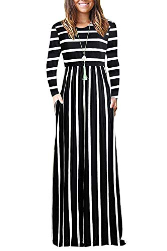AUSELILY Damen Langarm Loose Plain Plus Size Maxikleider Lässige Langkleider mit Taschen（M,Schwarze weiße Streifen） von AUSELILY