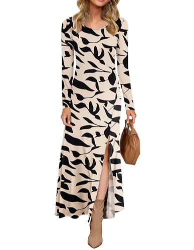 AUSELILY Damen Langarm Maxikleid - Kleid Langarm Lang Herbstkleid Winterkleid Schlitz Elegant Aprikose Schwarz Blätter S von AUSELILY