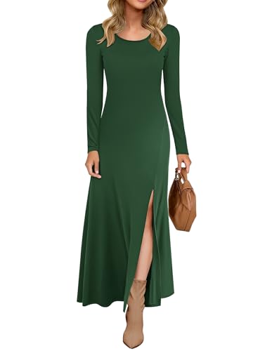 AUSELILY Damen Langarm Maxikleid - Kleid Langarm Lang Herbstkleid Winterkleid Schlitz Elegant Dunkelgrün L von AUSELILY