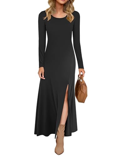 AUSELILY Damen Langarm Maxikleid - Kleid Langarm Lang Herbstkleid Winterkleid Schlitz Elegant Schwarz L von AUSELILY