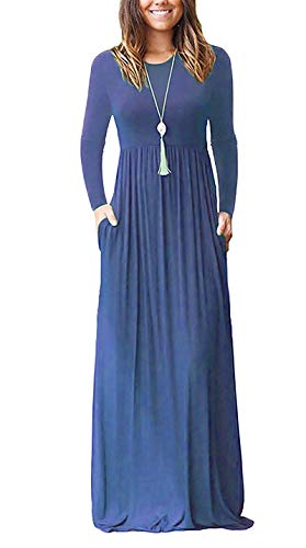 AUSELILY Damen Langarm Maxikleider Lässige Langkleider mit Taschen(S,Beja Blue) von AUSELILY