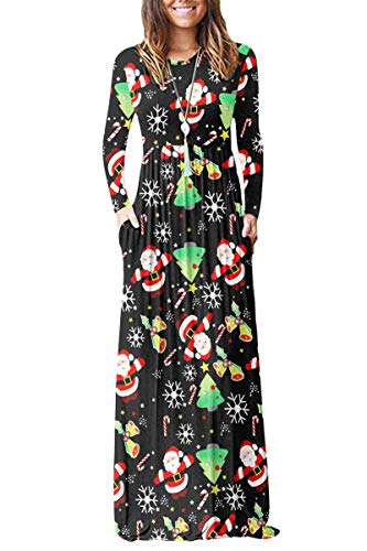 AUSELILY Damen Langarm Maxikleider Lässige Langkleider mit Taschen Winter Weihnachts Baum Santa XL von AUSELILY