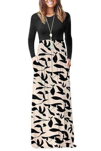 AUSELILY Damen Langarm Maxikleider Lässige Langkleider mit Taschen Winter Apricot schwarzes Blattmotiv XXL von AUSELILY