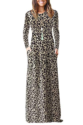 AUSELILY Damen Langarm Maxikleider Lässige Langkleider mit Taschen Winter Leopard 3XL von AUSELILY