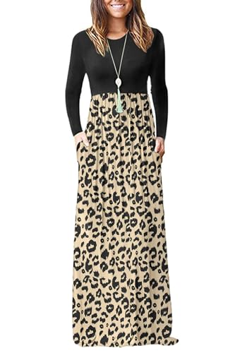 AUSELILY Damen Langarm Maxikleider Lässige Langkleider mit Taschen Winter Leopard J Schwarz L von AUSELILY
