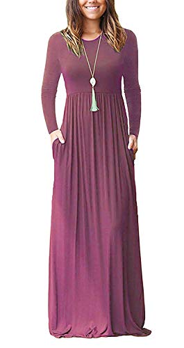 AUSELILY Damen Langarm Maxikleider Lässige Langkleider mit Taschen Winter Mauve XXL von AUSELILY