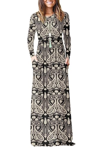 AUSELILY Damen Langarm Maxikleider Lässige Langkleider mit Taschen Winter Schwarz Paisley S von AUSELILY