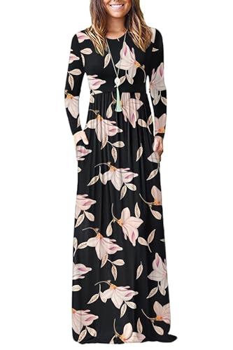 AUSELILY Damen Langarm Maxikleider Lässige Langkleider mit Taschen Winter Trichterwinde XL von AUSELILY