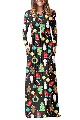 AUSELILY Damen Langarm Maxikleider Lässige Langkleider mit Taschen Winter Weihnachts Baum Handschuhe M von AUSELILY
