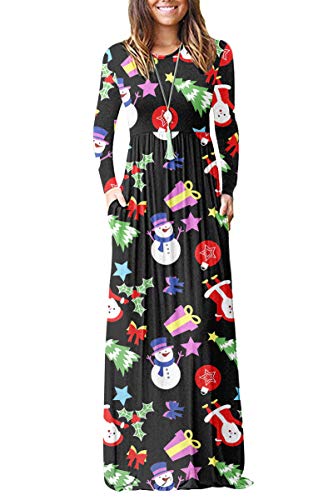 AUSELILY Damen Langarm Maxikleider Lässige Langkleider mit Taschen Winter Weihnachts schneemann S von AUSELILY