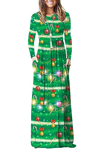 AUSELILY Damen Langarm Maxikleider Lässige Langkleider mit Taschen Winter Weihnachtsbaum Lichter M von AUSELILY