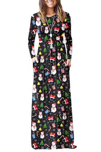 AUSELILY Damen Langarm Maxikleider Lässige Langkleider mit Taschen Winter Weihnachtselemente S von AUSELILY