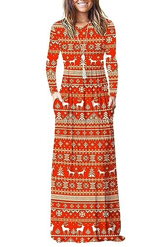 AUSELILY Damen Langarm Maxikleider Lässige Langkleider mit Taschen Winter Weihnachtshirsch XL von AUSELILY