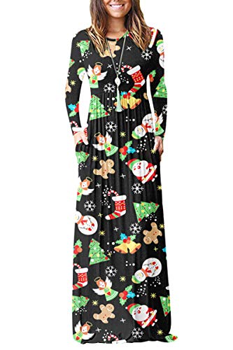 AUSELILY Damen Langarm Maxikleider Lässige Langkleider mit Taschen Winter Weihnachtsmann und Engel XL von AUSELILY