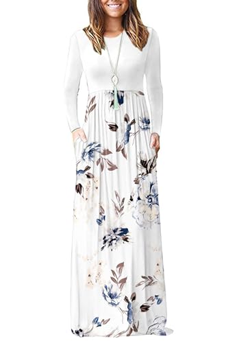 AUSELILY Damen Langarm Maxikleider Lässige Langkleider mit Taschen Winter Weiße Blumen Weiße S von AUSELILY