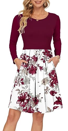 AUSELILY Damen Langarm Plissee Loose Swing Freizeitkleid mit knielangen Taschen(L,Rote Blume Weiß) von AUSELILY