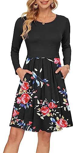 AUSELILY Damen Langarm Plissee Loose Swing Freizeitkleid mit knielangen Taschen Schwarze Rose Schwarz L von AUSELILY
