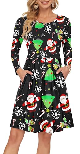 AUSELILY Damen Langarm Plissee Loose Swing Freizeitkleid mit knielangen Taschen Weihnachts Baum Santa L von AUSELILY