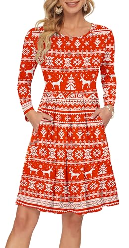 AUSELILY Damen Langarm Plissee Loose Swing Freizeitkleid mit knielangen Taschen Weihnachtshirsch L von AUSELILY