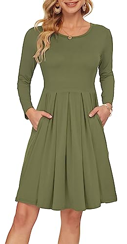AUSELILY Damen Langarm Plissee Loose Swing Freizeitkleid mit knielangen Taschen Armeegrün M von AUSELILY
