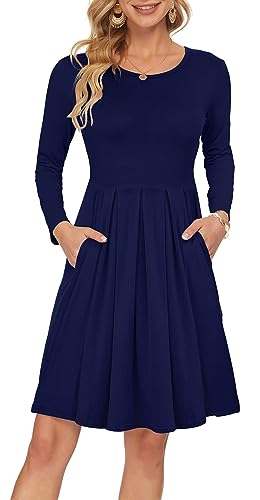 AUSELILY Damen Langarm Plissee Loose Swing Freizeitkleid mit knielangen Taschen Navy Blau S von AUSELILY