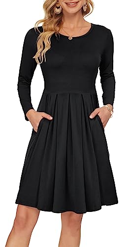 AUSELILY Damen Langarm Plissee Loose Swing Freizeitkleid mit knielangen Taschen Schwarz S von AUSELILY