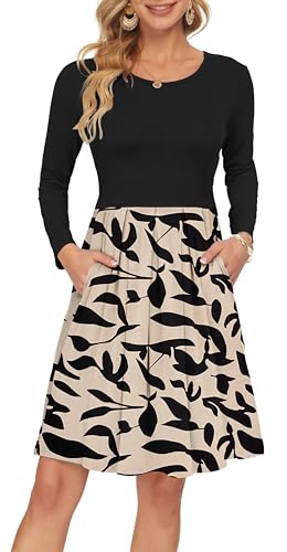 AUSELILY Damen Langarm Plissee Loose Swing Freizeitkleid mit knielangen Taschen Apricot schwarzes Blattmotiv L von AUSELILY