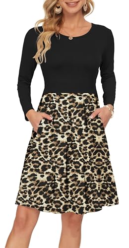 AUSELILY Damen Langarm Plissee Loose Swing Freizeitkleid mit knielangen Taschen Braun Schwarz J Leopard XXL AUSELILY Damen Langarm Plissee Loose Swing Freizeitkleid mit knielangen Taschen Braun Schwarz J Leopard XXL von AUSELILY