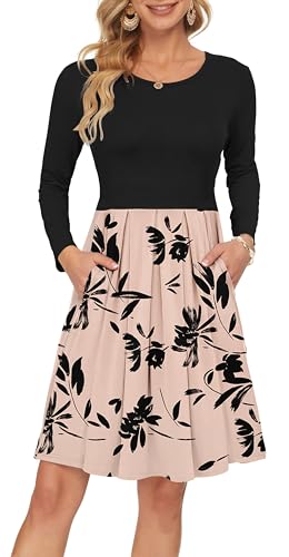 AUSELILY Damen Langarm Plissee Loose Swing Freizeitkleid mit knielangen Taschen Hellbraune Blume J Schwarz XXL von AUSELILY