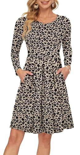 AUSELILY Damen Langarm Plissee Loose Swing Freizeitkleid mit knielangen Taschen Leopard XXL von AUSELILY
