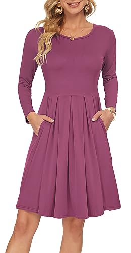 AUSELILY Damen Langarm Plissee Loose Swing Freizeitkleid mit knielangen Taschen Mauve L von AUSELILY