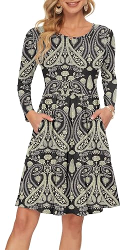 AUSELILY Damen Langarm Plissee Loose Swing Freizeitkleid mit knielangen Taschen Schwarz Paisley M von AUSELILY