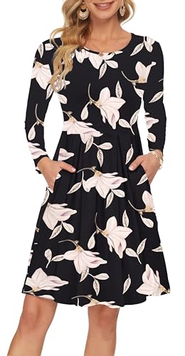 AUSELILY Damen Langarm Plissee Loose Swing Freizeitkleid mit knielangen Taschen Trichterwinde M von AUSELILY