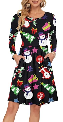 AUSELILY Damen Langarm Plissee Loose Swing Freizeitkleid mit knielangen Taschen Weihnachts schneemann XL von AUSELILY